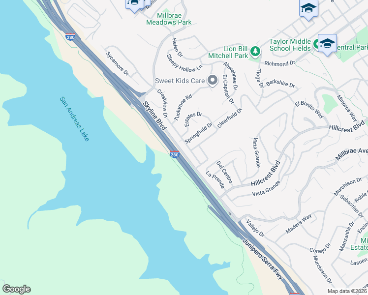 map of restaurants, bars, coffee shops, grocery stores, and more near 765 Crestview Drive in Millbrae