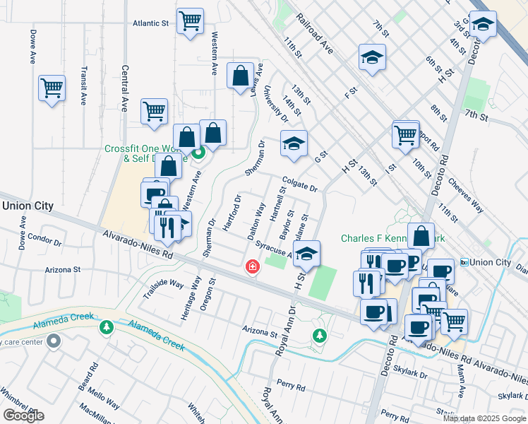 map of restaurants, bars, coffee shops, grocery stores, and more near 1882 Dalton Way in Union City