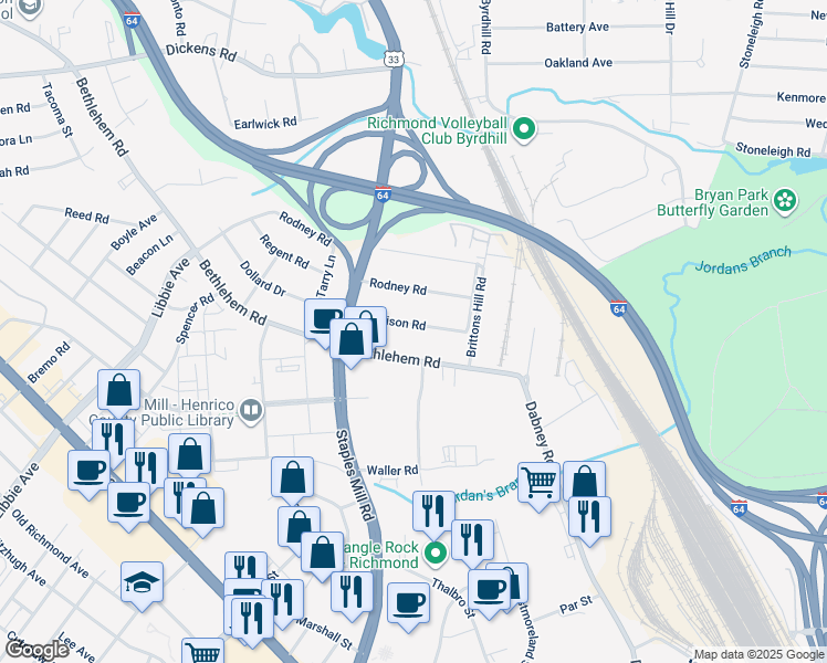 map of restaurants, bars, coffee shops, grocery stores, and more near 4815 Morrison Road in Richmond