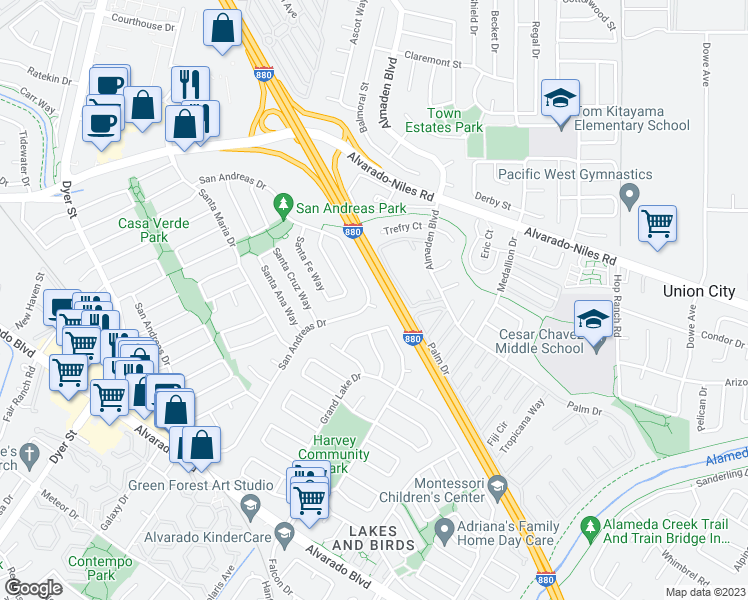 map of restaurants, bars, coffee shops, grocery stores, and more near 31400 San Jose Court in Union City