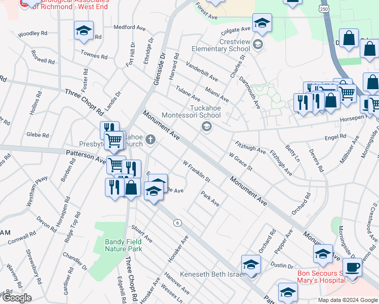map of restaurants, bars, coffee shops, grocery stores, and more near 6827 Monument Avenue in Richmond