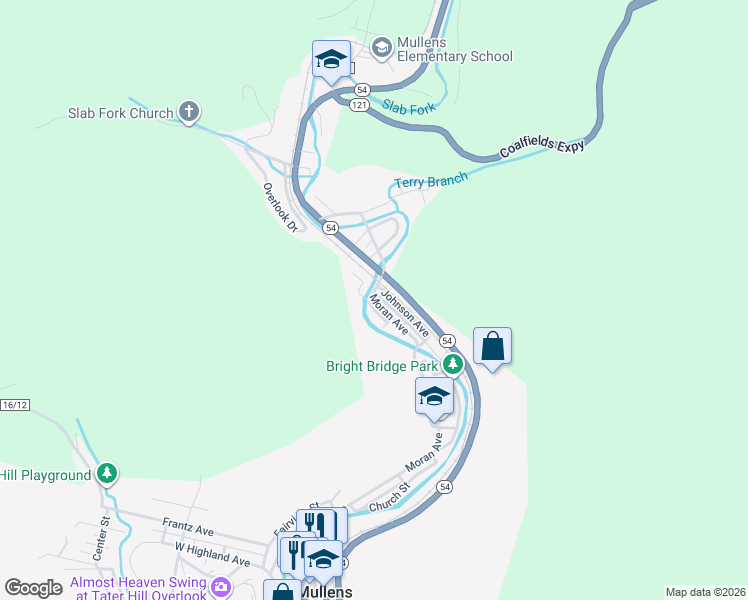 map of restaurants, bars, coffee shops, grocery stores, and more near 1115 Moran Avenue in Mullens