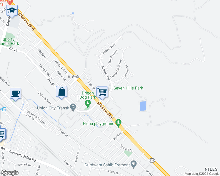 map of restaurants, bars, coffee shops, grocery stores, and more near 208 Appian Way in Union City