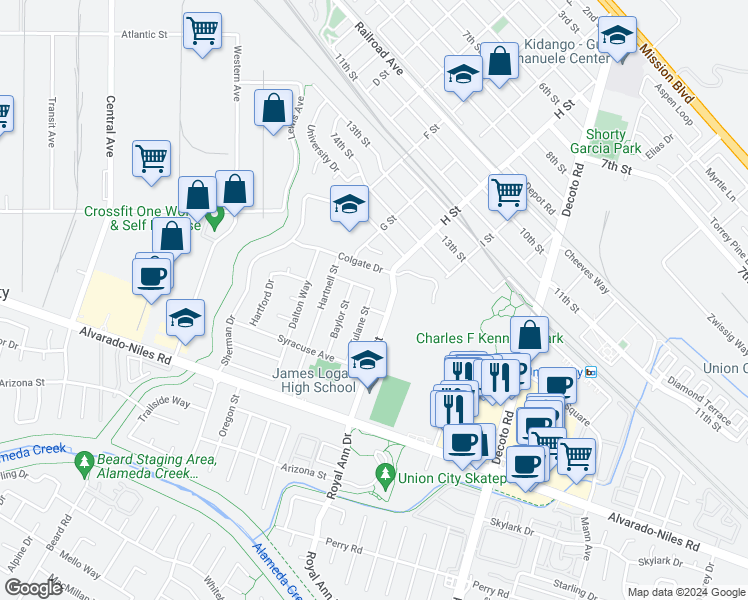 map of restaurants, bars, coffee shops, grocery stores, and more near 1700 Tulane Street in Union City