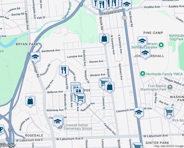 map of restaurants, bars, coffee shops, grocery stores, and more near 1230 Windsor Avenue in Richmond