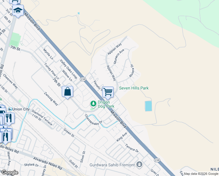 map of restaurants, bars, coffee shops, grocery stores, and more near 214 Ladera Plaza in Union City