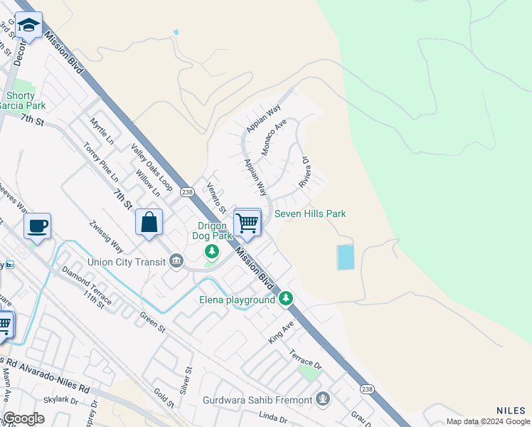 map of restaurants, bars, coffee shops, grocery stores, and more near 208 Appian Way in Union City