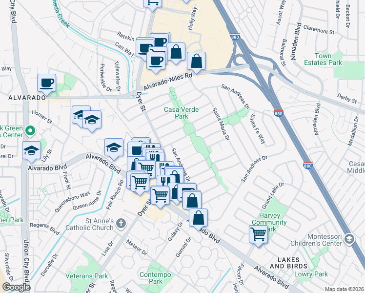 map of restaurants, bars, coffee shops, grocery stores, and more near 3255 Santa Clara Court in Union City
