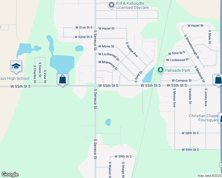 map of restaurants, bars, coffee shops, grocery stores, and more near 929 West 55th Street South in Wichita