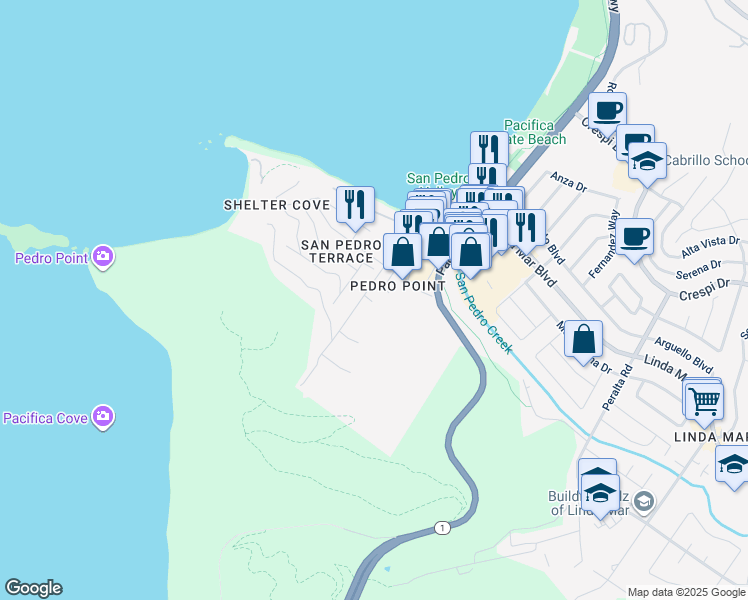 map of restaurants, bars, coffee shops, grocery stores, and more near 1383 Grand Avenue in Pacifica