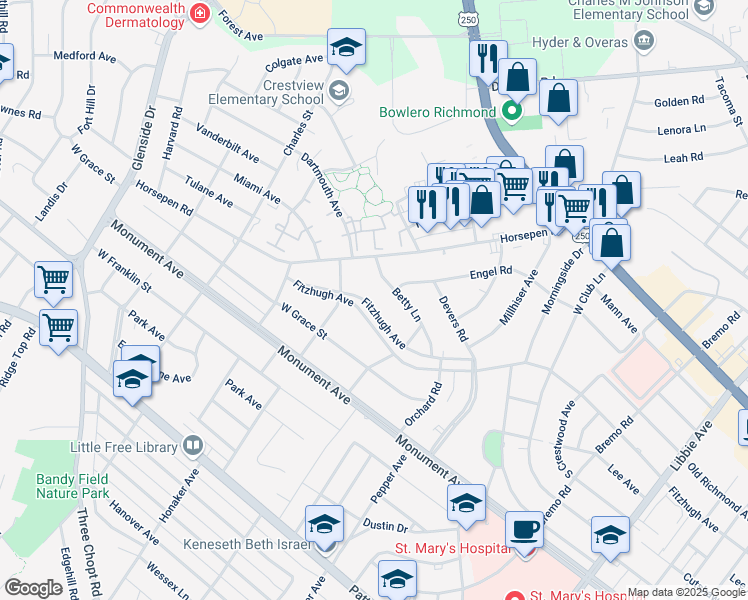 map of restaurants, bars, coffee shops, grocery stores, and more near 6620 Fitzhugh Avenue in Richmond