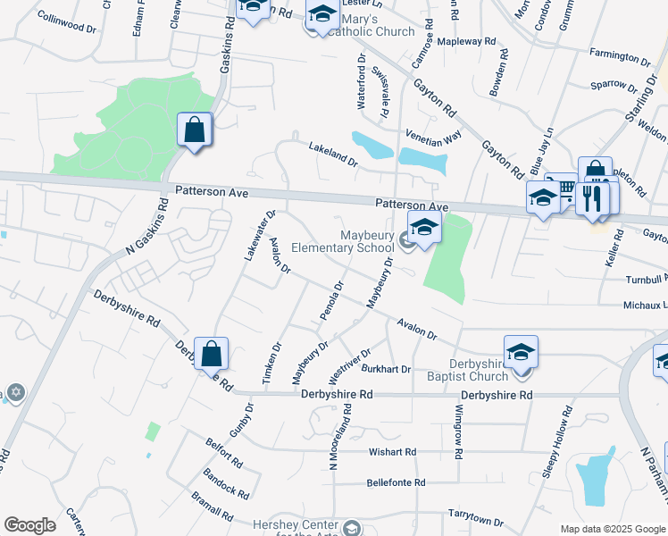 map of restaurants, bars, coffee shops, grocery stores, and more near 9303 Westmoor Drive in Richmond