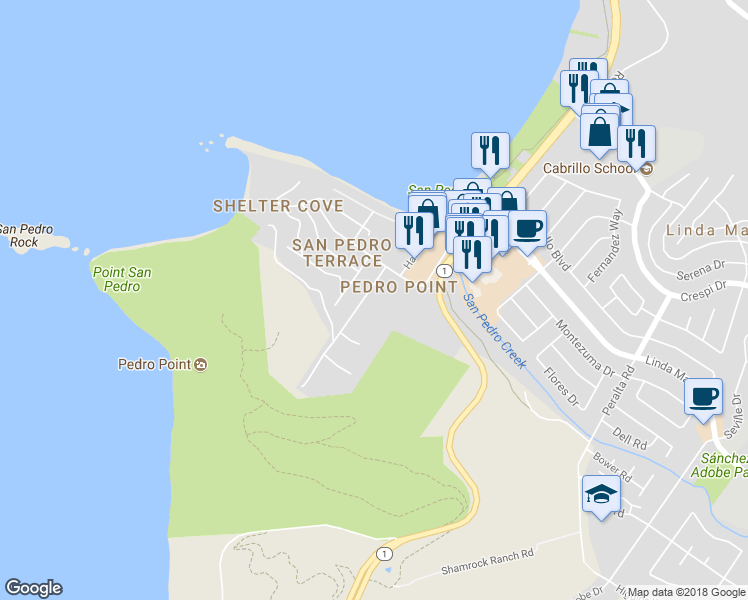 map of restaurants, bars, coffee shops, grocery stores, and more near 1383 Grand Avenue in Pacifica