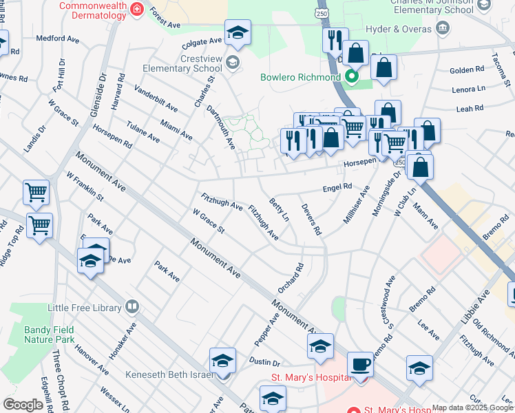 map of restaurants, bars, coffee shops, grocery stores, and more near 6620 Fitzhugh Avenue in Richmond