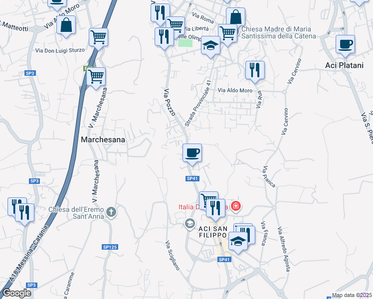 map of restaurants, bars, coffee shops, grocery stores, and more near 3A Via Stocchi in Aci Catena