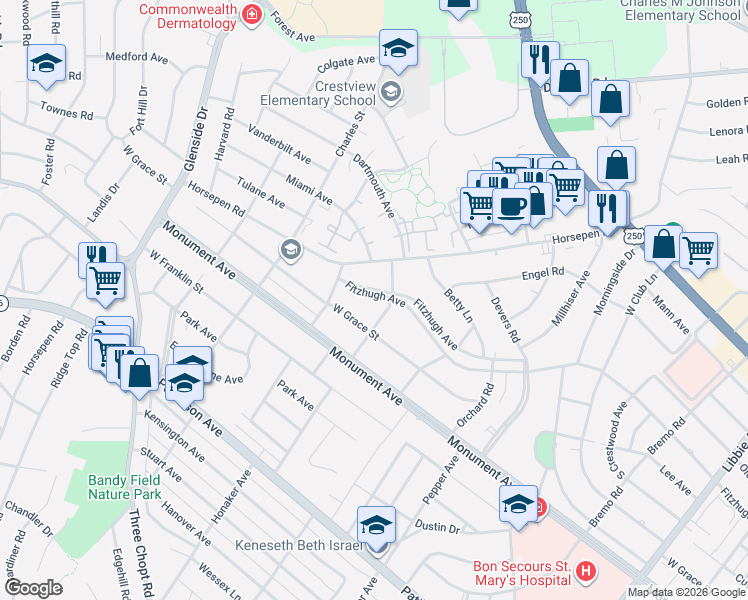 map of restaurants, bars, coffee shops, grocery stores, and more near 6605 Fitzhugh Avenue in Richmond