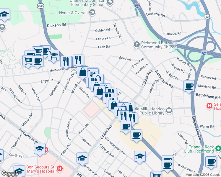 map of restaurants, bars, coffee shops, grocery stores, and more near 2108 Hampstead Avenue in Richmond