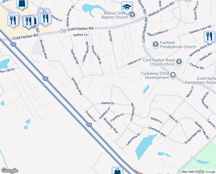 map of restaurants, bars, coffee shops, grocery stores, and more near 7121 McCauley Lane in Mechanicsville
