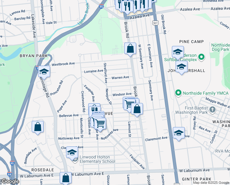 map of restaurants, bars, coffee shops, grocery stores, and more near 1230 Windsor Avenue in Richmond