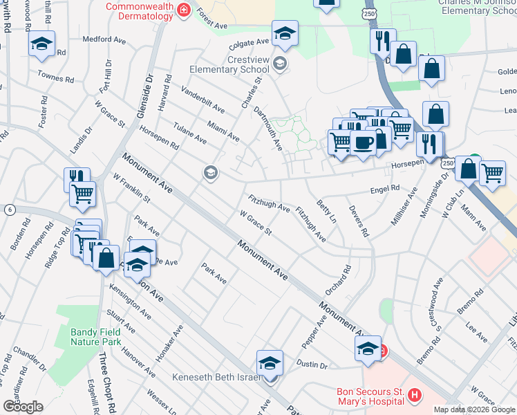 map of restaurants, bars, coffee shops, grocery stores, and more near 6605 Fitzhugh Avenue in Richmond