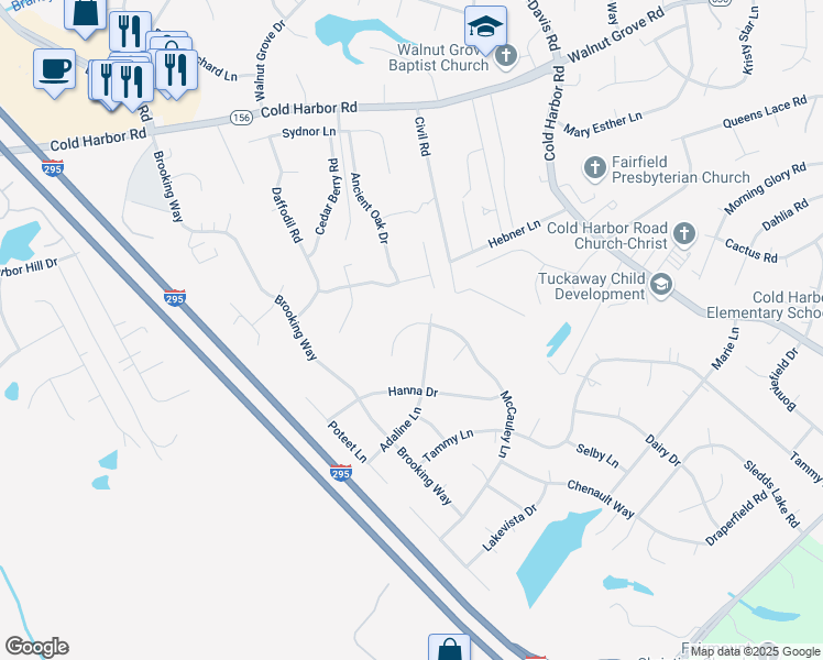 map of restaurants, bars, coffee shops, grocery stores, and more near 7121 McCauley Lane in Mechanicsville