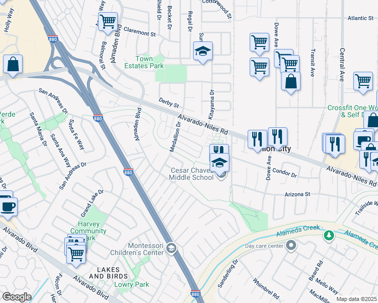 map of restaurants, bars, coffee shops, grocery stores, and more near 32657 Brenda Way in Union City