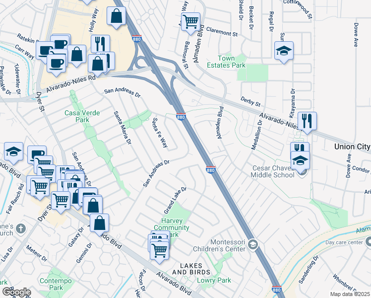 map of restaurants, bars, coffee shops, grocery stores, and more near 31400 San Jose Court in Union City