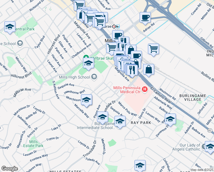 map of restaurants, bars, coffee shops, grocery stores, and more near 1900 Garden Drive in Burlingame