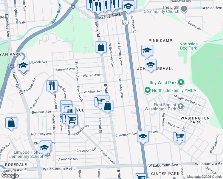 map of restaurants, bars, coffee shops, grocery stores, and more near 4227 Brook Road in Richmond