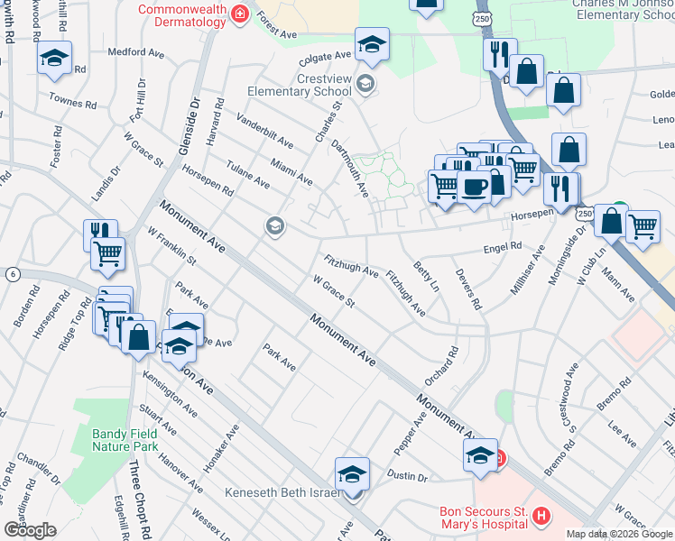 map of restaurants, bars, coffee shops, grocery stores, and more near 6605 Fitzhugh Avenue in Richmond