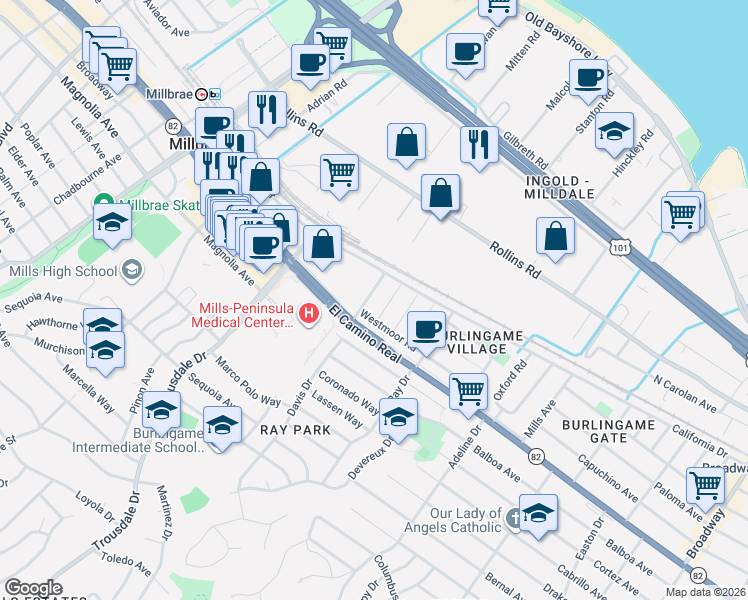 map of restaurants, bars, coffee shops, grocery stores, and more near 1125 Dufferin Avenue in Burlingame