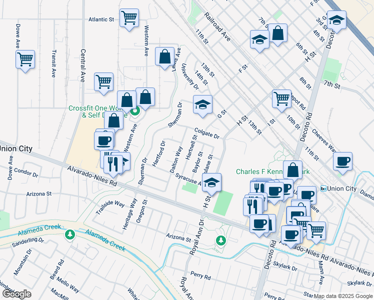 map of restaurants, bars, coffee shops, grocery stores, and more near 1837 Hartnell Street in Union City