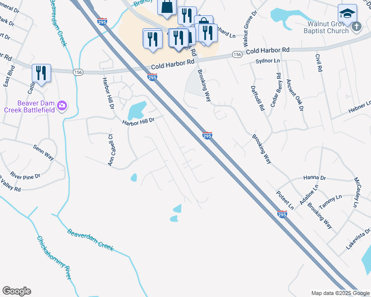 map of restaurants, bars, coffee shops, grocery stores, and more near 7110 Sunset Drive in Mechanicsville