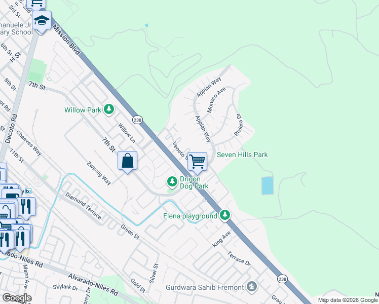 map of restaurants, bars, coffee shops, grocery stores, and more near 249 Galano Plaza in Union City