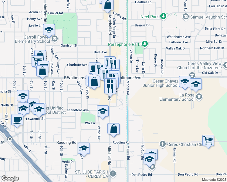 map of restaurants, bars, coffee shops, grocery stores, and more near 2700 Mitchell Rd in Ceres