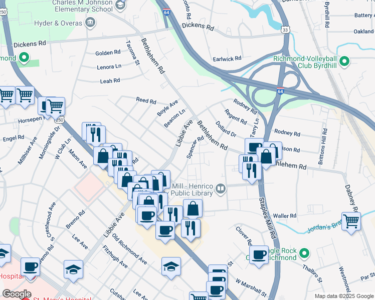 map of restaurants, bars, coffee shops, grocery stores, and more near 2314 Spencer Road in Richmond
