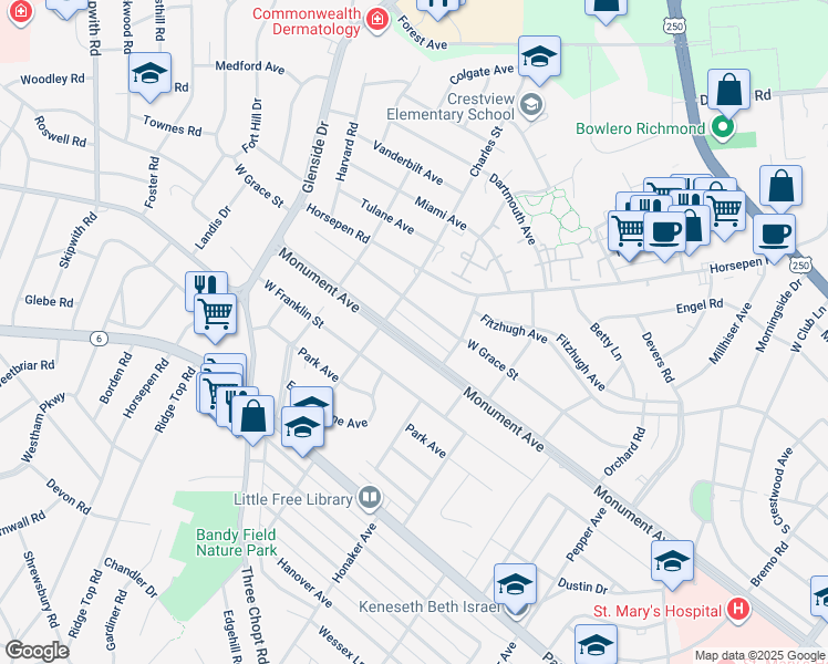 map of restaurants, bars, coffee shops, grocery stores, and more near 6816 Monument Avenue in Richmond