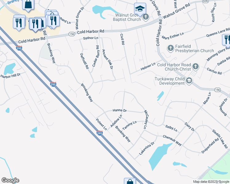 map of restaurants, bars, coffee shops, grocery stores, and more near 7126 McCauley Lane in Mechanicsville