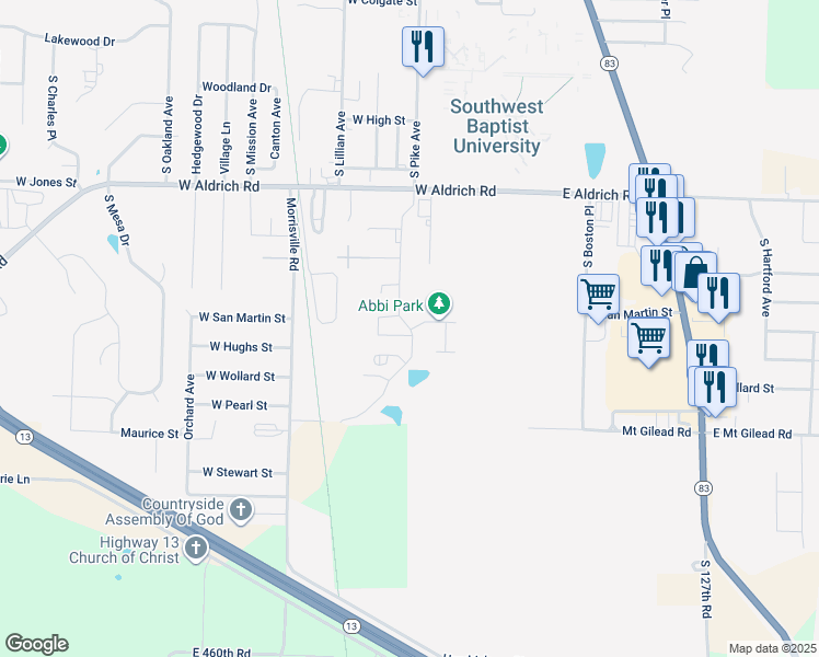 map of restaurants, bars, coffee shops, grocery stores, and more near 2099 Pike Avenue in Bolivar