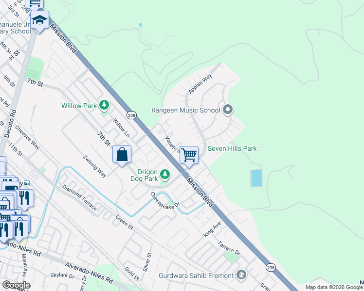 map of restaurants, bars, coffee shops, grocery stores, and more near 237 Galano Plaza in Union City