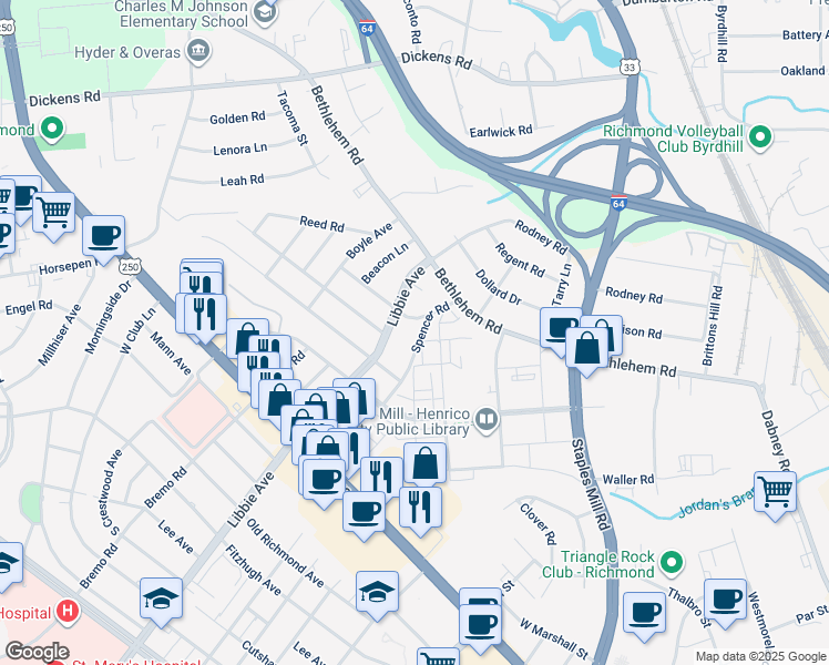map of restaurants, bars, coffee shops, grocery stores, and more near 2314 Spencer Road in Richmond