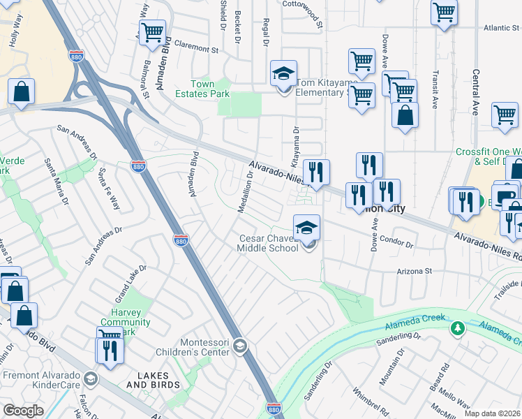 map of restaurants, bars, coffee shops, grocery stores, and more near 32657 Brenda Way in Union City