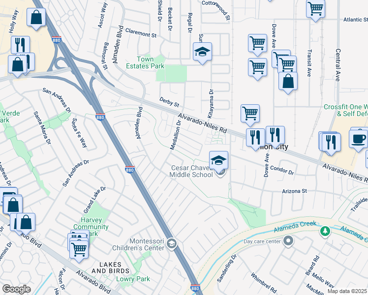 map of restaurants, bars, coffee shops, grocery stores, and more near 32253 Chechester Drive in Union City