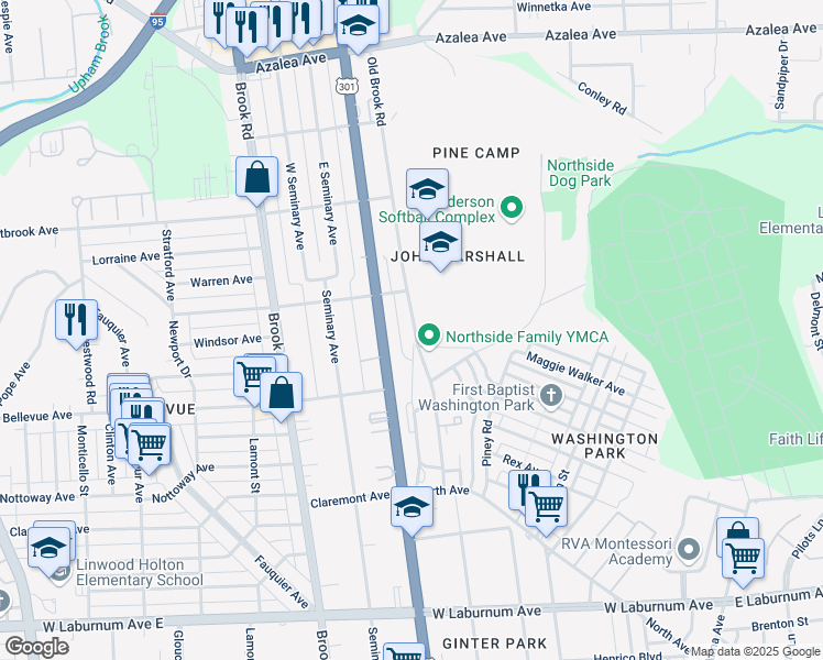 map of restaurants, bars, coffee shops, grocery stores, and more near 4228 Old Brook Road in Richmond