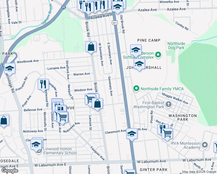 map of restaurants, bars, coffee shops, grocery stores, and more near 4222 Seminary Avenue in Richmond