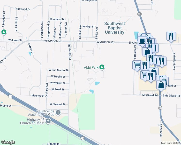 map of restaurants, bars, coffee shops, grocery stores, and more near 2099 Pike Avenue in Bolivar