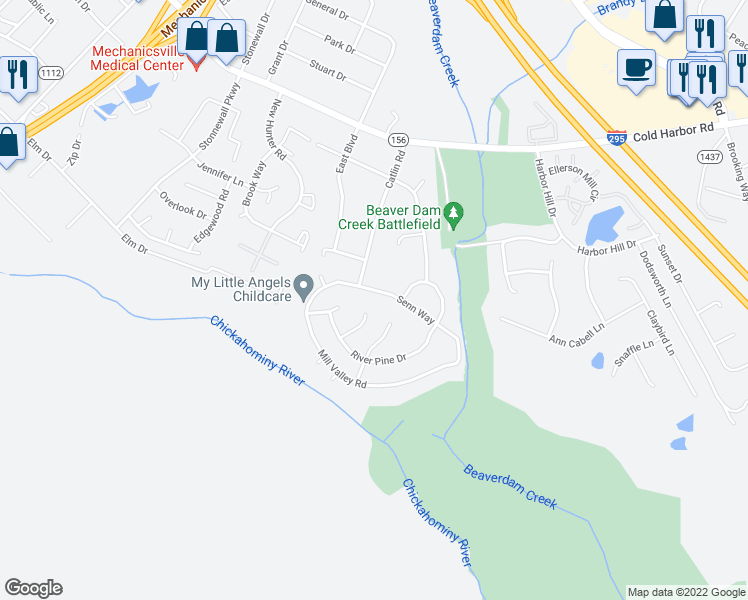 map of restaurants, bars, coffee shops, grocery stores, and more near 7113 Senn Way in Mechanicsville