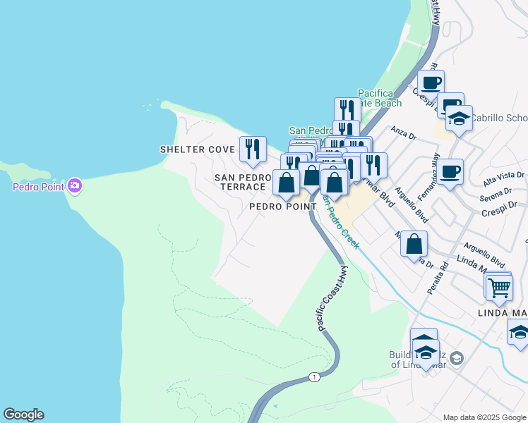map of restaurants, bars, coffee shops, grocery stores, and more near 1353 Grand Avenue in Pacifica