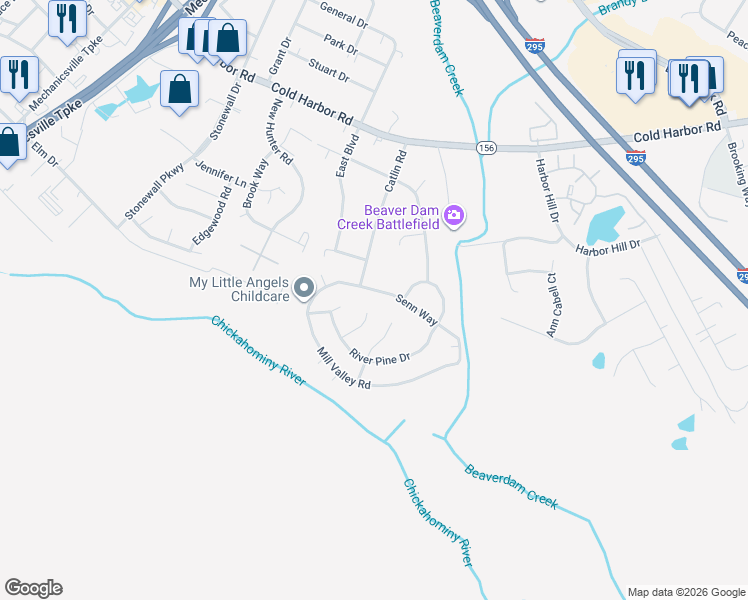 map of restaurants, bars, coffee shops, grocery stores, and more near 7078 River Pine Court in Mechanicsville