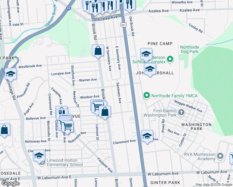 map of restaurants, bars, coffee shops, grocery stores, and more near 4222 Seminary Avenue in Richmond
